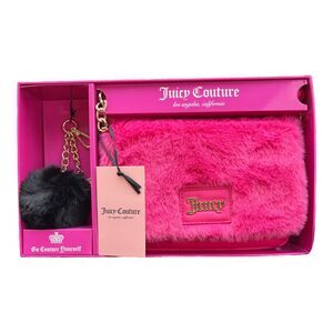 Juicy Couture Faux Fur Hot Pink Free Love Flap Crossbody & Black Fluffy Keychain